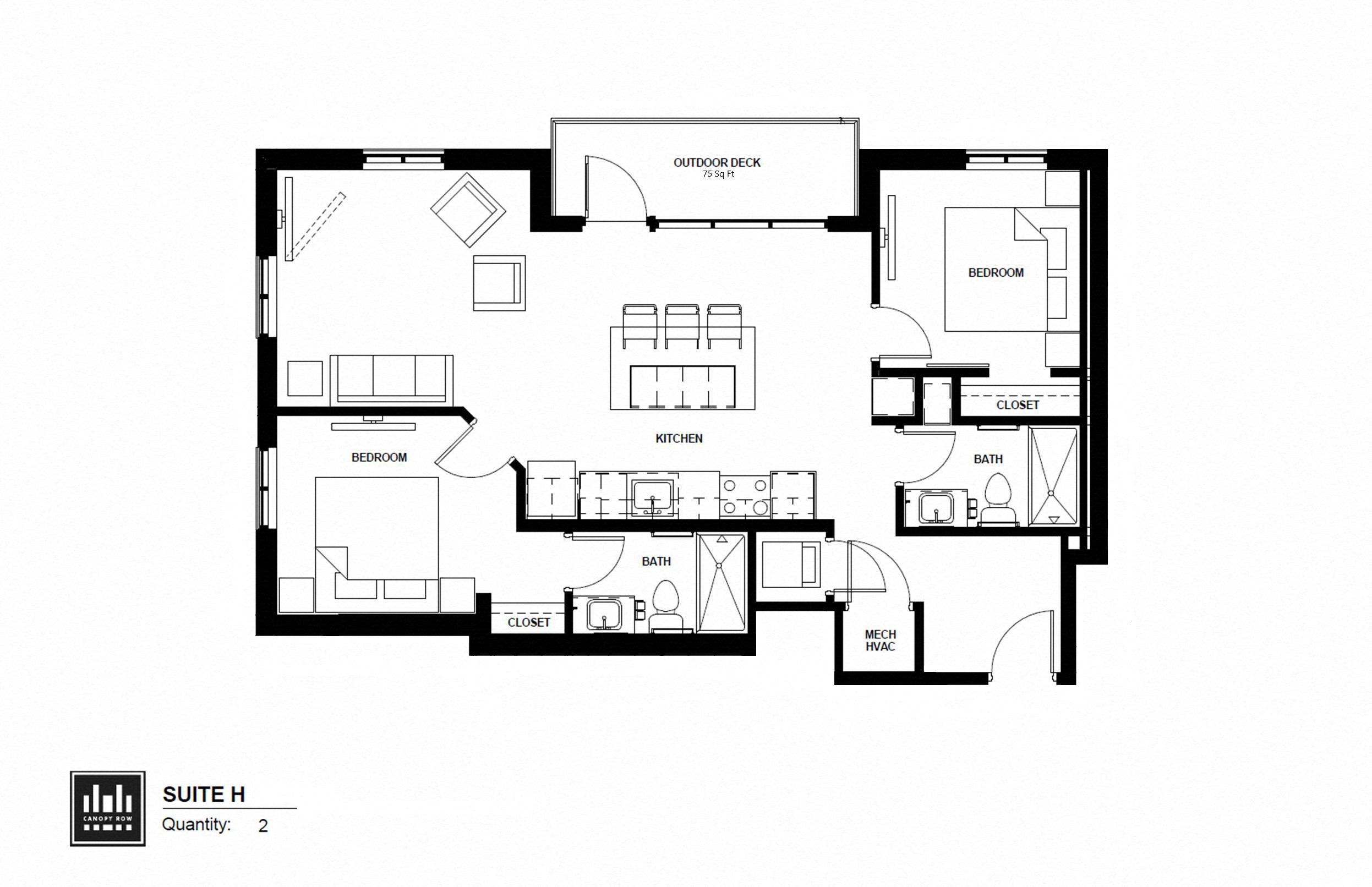 Floor plan for 2 beds, 2 baths, 934 sqft